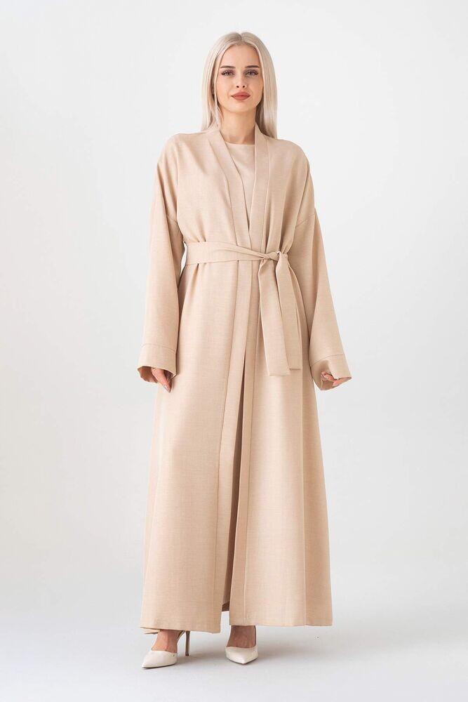 Abaya Kolsuz Elbise İkili Ferace Kimono Tesettür Takım - Bej - FSC3135 - Fashion Showcase Design
