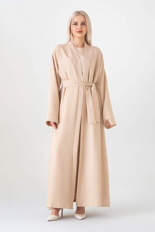 Abaya Kolsuz Elbise İkili Ferace Kimono Tesettür Takım - Bej - FSC3135 - Fashion Showcase Design