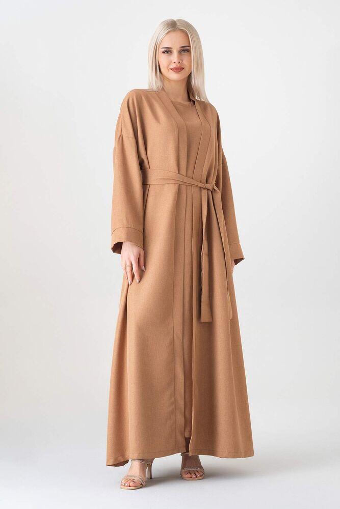 Abaya Kolsuz Elbise İkili Ferace Kimono Tesettür Takım - Kahve - FSC3135 - Fashion Showcase Design