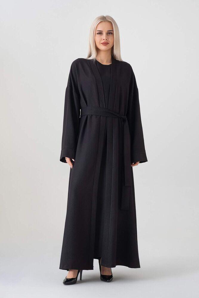 Abaya Kolsuz Elbise İkili Ferace Kimono Tesettür Takım - Siyah - FSC3135 