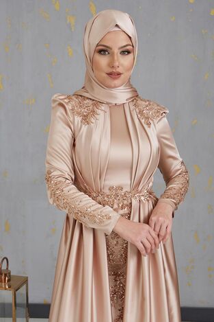 Aplik İşlemeli Drapeli Saten Uzun Tesettür Abiye - Gold - PNN2404 