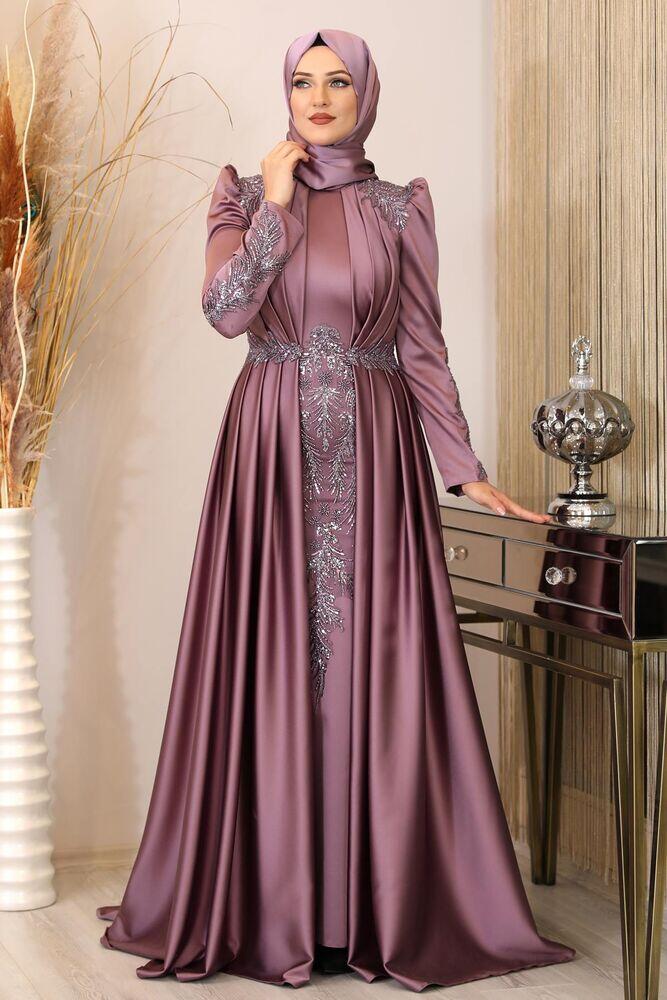 Aplik İşlemeli Drapeli Saten Uzun Tesettür Abiye - Gül Kurusu - PNN2404 