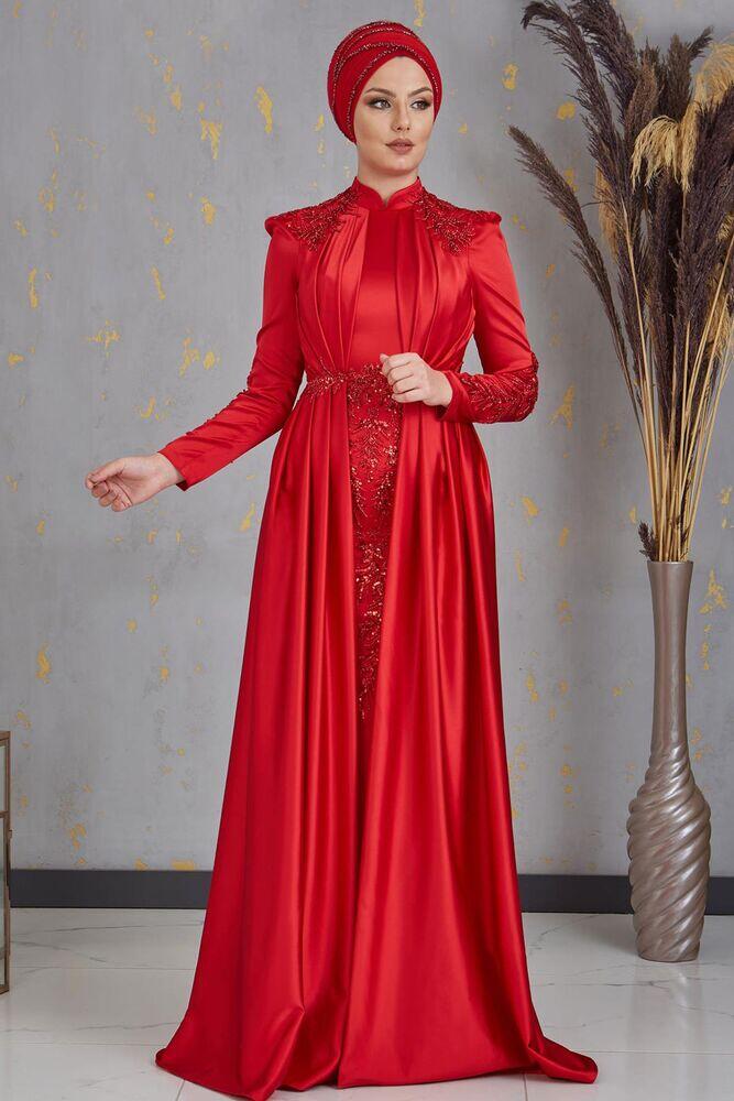 Aplik İşlemeli Drapeli Saten Uzun Tesettür Abiye - Kırmızı - PNN2404 