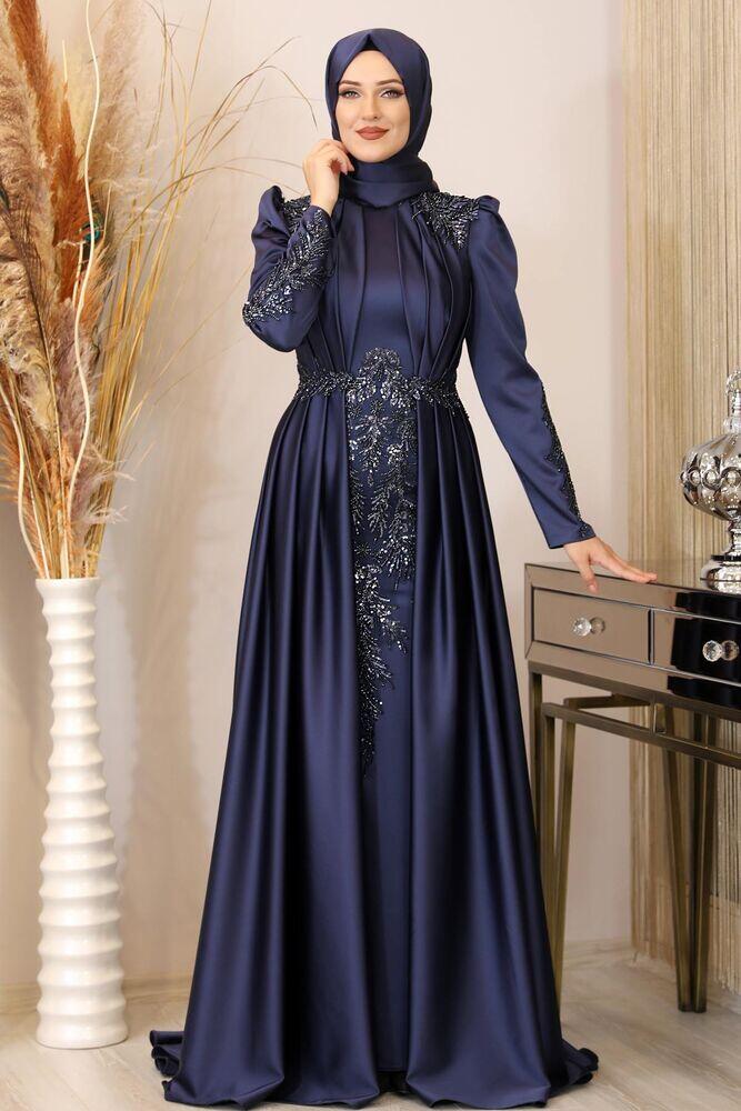 Aplik İşlemeli Drapeli Saten Uzun Tesettür Abiye - Lacivert - PNN2404 