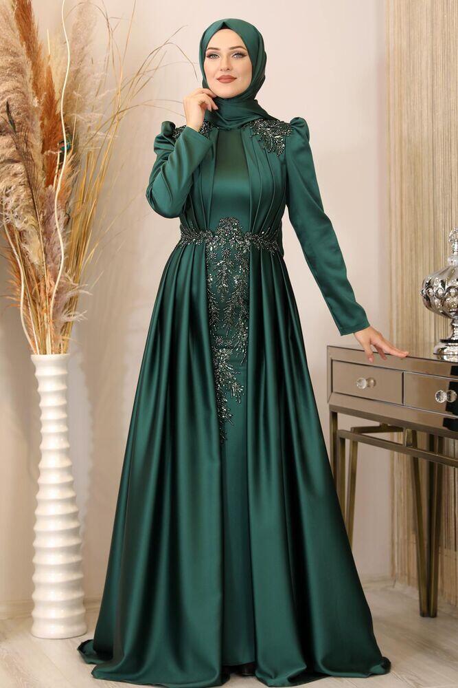 Aplik İşlemeli Drapeli Saten Uzun Tesettür Abiye - Zümrüt - PNN2404 