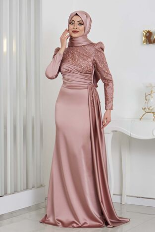 Aplik İşlemeli Kuyruklu Rosa Saten Tesettür Abiye - Bronz 