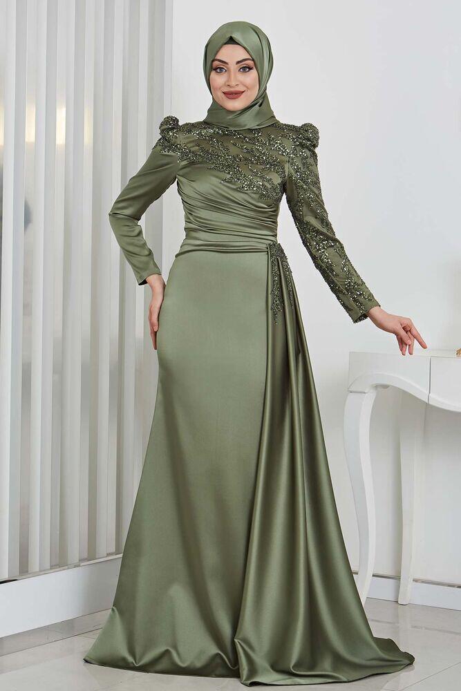 Aplik İşlemeli Kuyruklu Rosa Saten Tesettür Abiye - Haki 