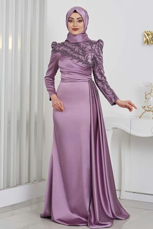 Aplik İşlemeli Kuyruklu Rosa Saten Tesettür Abiye - Lila - Rana Zenn