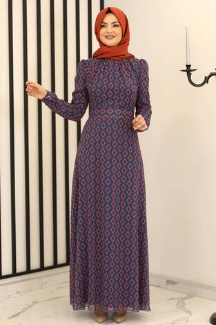 Baklava Desen Şifon Elbise Mavi - Fashion Showcase Design - FSC2162 