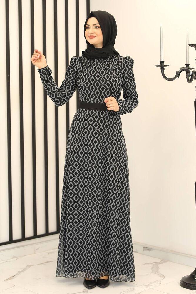 Baklava Desen Şifon Elbise Siyah - Fashion Showcase Design - FSC2162 