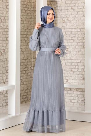 Begüm Pilise Detay Elbise Gri - Fashion Showcase Design - FSC3017 