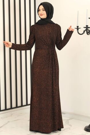 Beli Büzgülü Işıltı Abiye Bronz - Fashion Showcase Design - FSC3002 