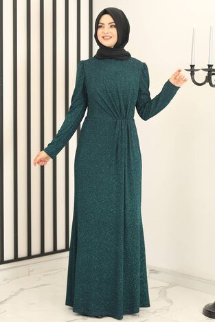 Beli Büzgülü Işıltı Abiye Zümrüt - Fashion Showcase Design - FSC3002 