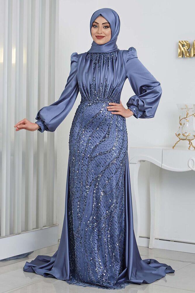 Bocuklu Aplik İşlemeli İncila Saten Abiye - İndigo - Rana Zenn