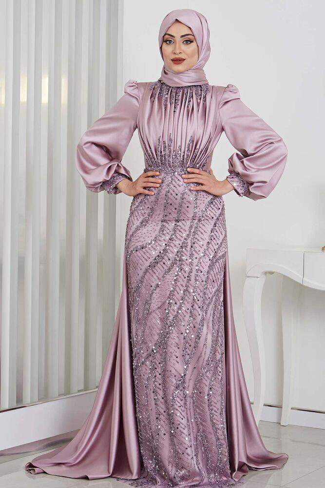 Bocuklu Aplik İşlemeli İncila Saten Abiye - Lila 