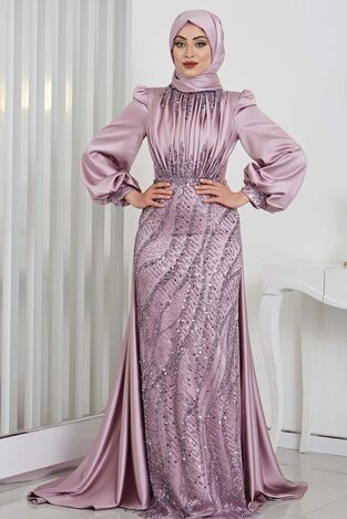 Bocuklu Aplik İşlemeli İncila Saten Abiye - Lila 