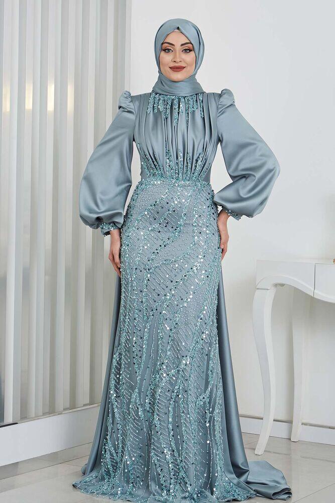 Bocuklu Aplik İşlemeli İncila Saten Abiye - Mint 