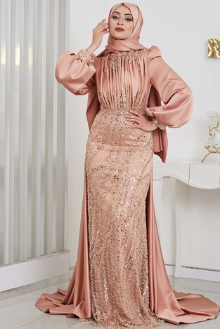 Bocuklu Aplik İşlemeli İncila Saten Abiye - Rose 