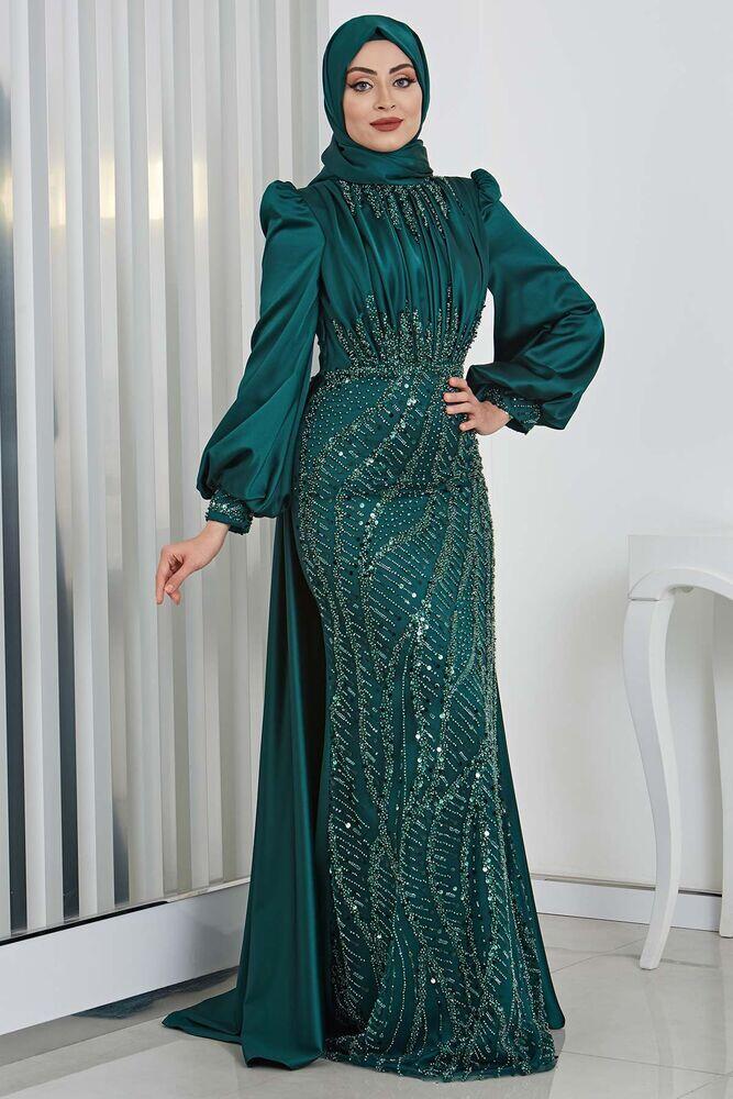 Bocuklu Aplik İşlemeli İncila Saten Abiye - Zümrüt 