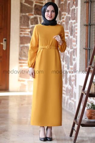 Balon Kol Kalem Elbise Hardal - MDV1013 