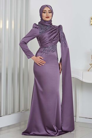 Boncuk Detay Aplik İşlemeli Koldan Kuyruklu Noura Saten Tesettür Abiye - Erguvan 