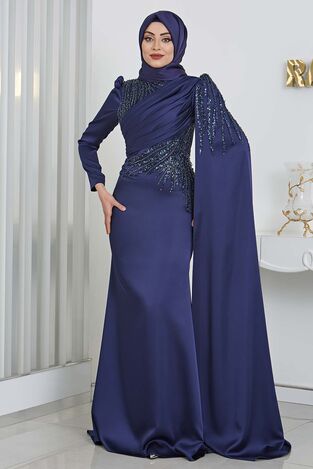 Boncuk Detay Aplik İşlemeli Koldan Kuyruklu Noura Saten Tesettür Abiye - Lacivert 