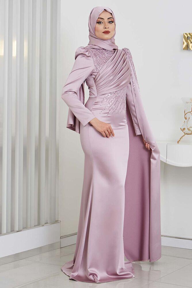 Boncuk Detay Aplik İşlemeli Koldan Kuyruklu Noura Saten Tesettür Abiye - Lila 