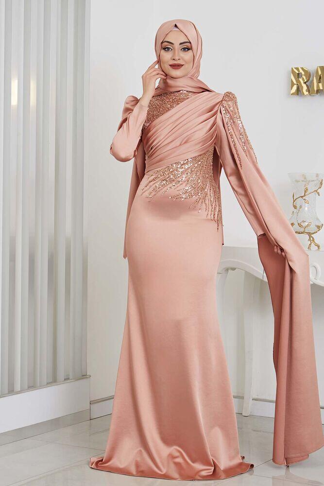Boncuk Detay Aplik İşlemeli Koldan Kuyruklu Noura Saten Tesettür Abiye - Rose 
