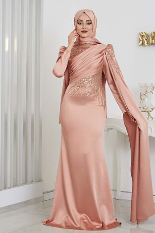 Boncuk Detay Aplik İşlemeli Koldan Kuyruklu Noura Saten Tesettür Abiye - Rose 