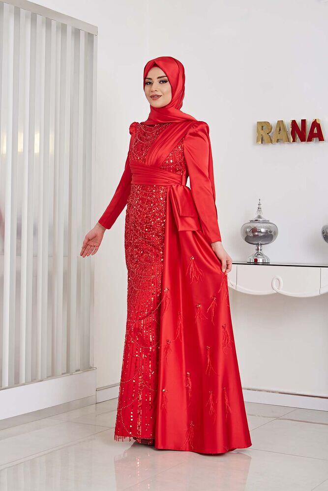 Boncuk Detaylı Drapeli Kuyruklu Dicle Saten Tesettür Abiye - Kırmızı 