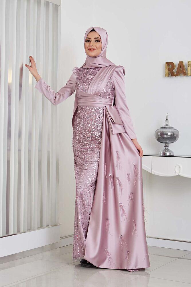 Boncuk Detaylı Drapeli Kuyruklu Dicle Saten Tesettür Abiye - Lila 