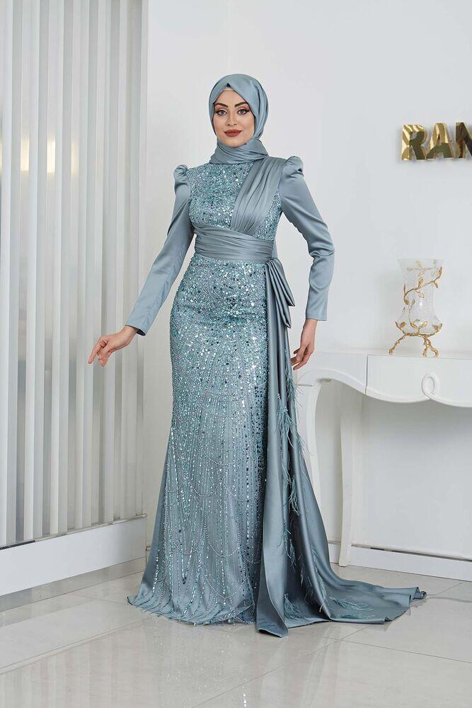 Boncuk Detaylı Drapeli Kuyruklu Dicle Saten Tesettür Abiye - Mint 