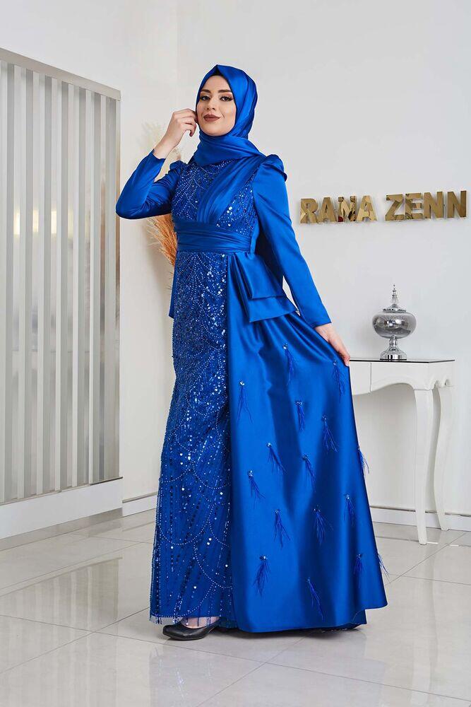 Boncuk Detaylı Drapeli Kuyruklu Dicle Saten Tesettür Abiye - Saks 