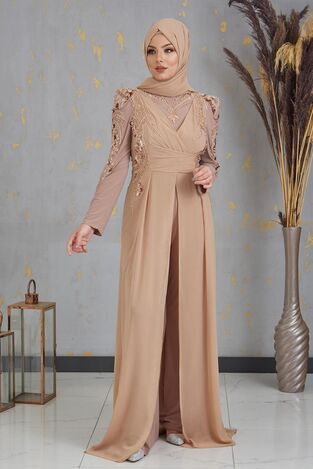 Boncuk İşlemeli Önü Piliseli Abiye Tesettür Uzun Şifon Tulum - Gold - PNN2403 