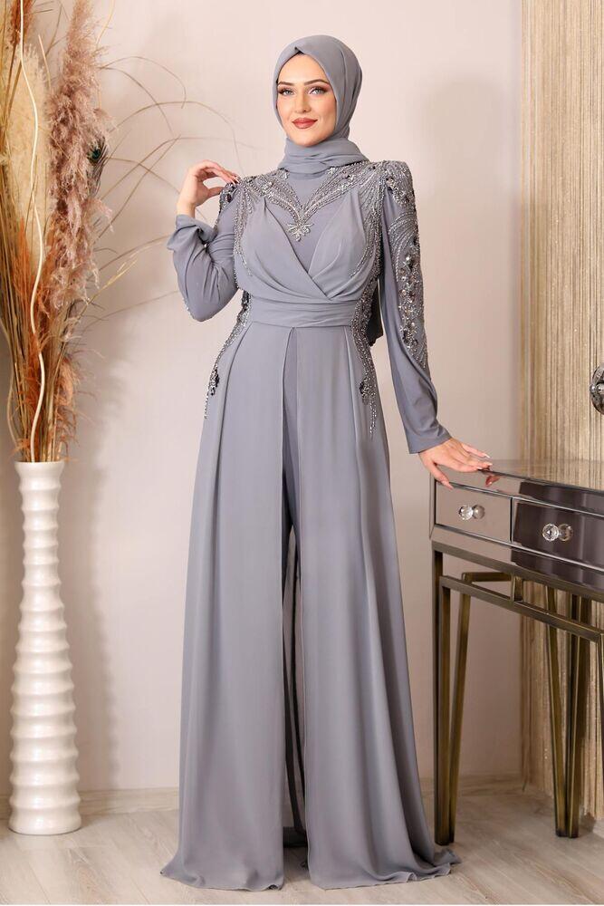Boncuk İşlemeli Önü Piliseli Abiye Tesettür Uzun Şifon Tulum - Gri - PNN2403 