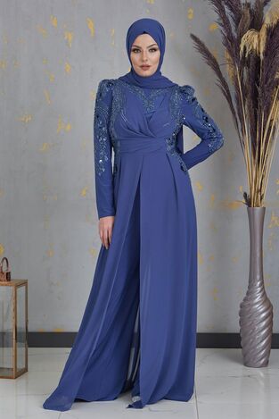 Boncuk İşlemeli Önü Piliseli Abiye Tesettür Uzun Şifon Tulum - İndigo - PNN2403 