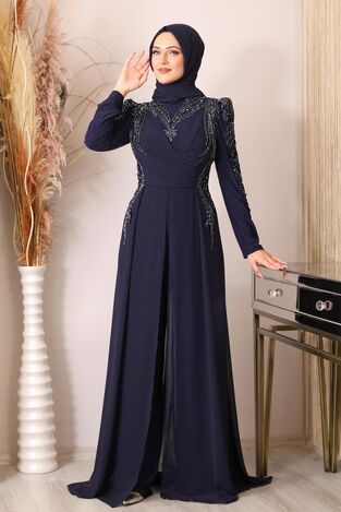 Boncuk İşlemeli Önü Piliseli Abiye Tesettür Uzun Şifon Tulum - Lacivert - PNN2403 - Piennar