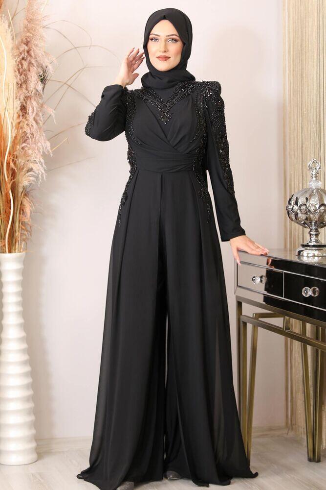 Boncuk İşlemeli Önü Piliseli Abiye Tesettür Uzun Şifon Tulum - Siyah - PNN2403 