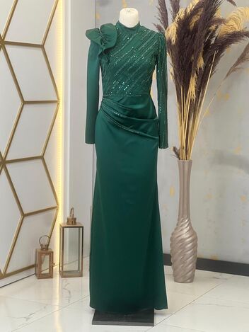 Boncuk İşlemeli Portatif Etekli Saten Uzun Tesettür Abiye - Yeşil - PNN2405 