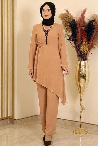 Büzgülü Asimetrik Pantolonlu Takım Bisküvi - Fashion Showcase Design - FSC2106 