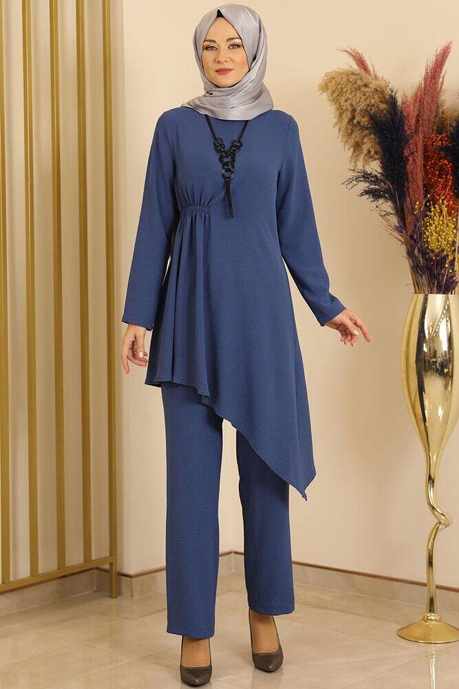 Büzgülü Asimetrik Pantolonlu Takım İndigo - Fashion Showcase Design - FSC2106 