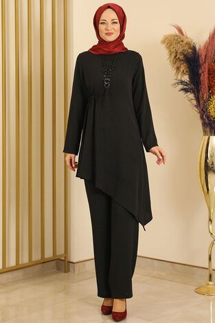 Büzgülü Asimetrik Pantolonlu Takım Siyah - Fashion Showcase Design - FSC2106 
