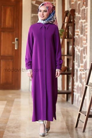Costume - Longue Tunique & Pantalon - Crêpe - Violet - MDV2006 