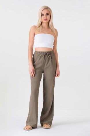 Crinkle Beli Lastikli Cepli Rahat Kadın Pantolon - Haki - FSC3143 