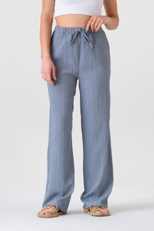 Crinkle Beli Lastikli Cepli Rahat Kadın Pantolon - İndigo - FSC3143 