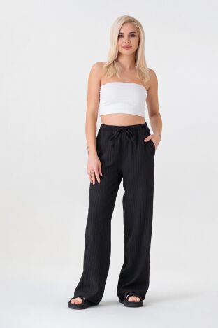 Crinkle Beli Lastikli Cepli Rahat Kadın Pantolon - Siyah - FSC3143 