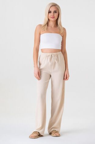 Crinkle Beli Lastikli Cepli Rahat Kadın Pantolon - Taş - FSC3143 