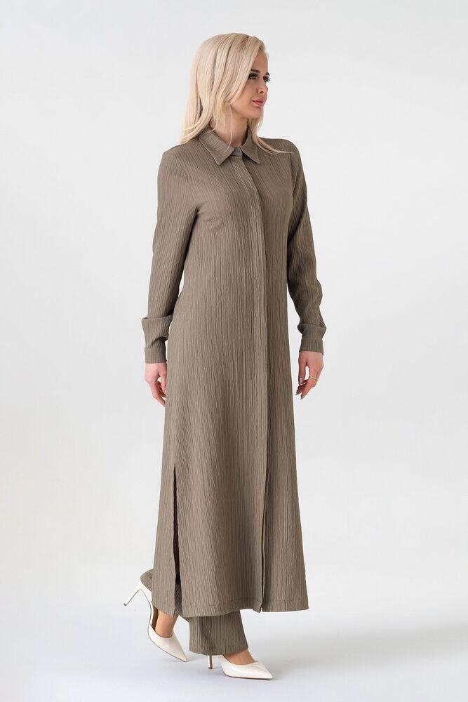 Crinkle Kumaş Uzun Gizli Patlı Tunik - Haki - FSC3142 - Fashion Showcase Design
