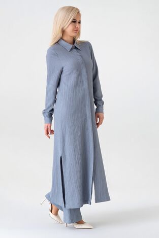 Crinkle Kumaş Uzun Gizli Patlı Tunik - İndigo - FSC3142 