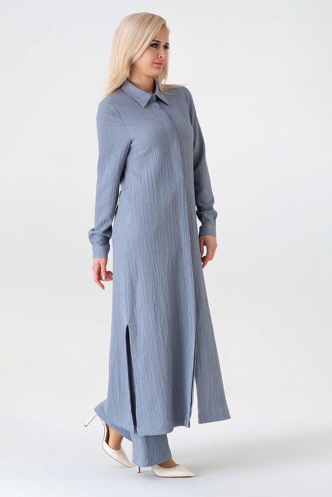 Crinkle Kumaş Uzun Gizli Patlı Tunik - İndigo - FSC3142 - Fashion Showcase Design